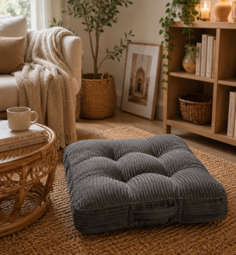 HIGOGOGO floor pillow cushion in a cozy living room with jute rug and indoor plants