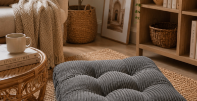HIGOGOGO floor pillow cushion in a cozy living room with jute rug and indoor plants
