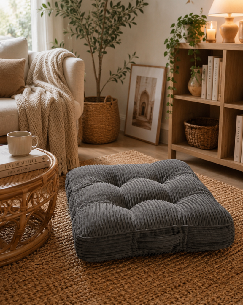 HIGOGOGO floor pillow cushion in a cozy living room with jute rug and indoor plants