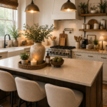 cozy modern farmhouse kitchen with warm lighting and amazon decor finds