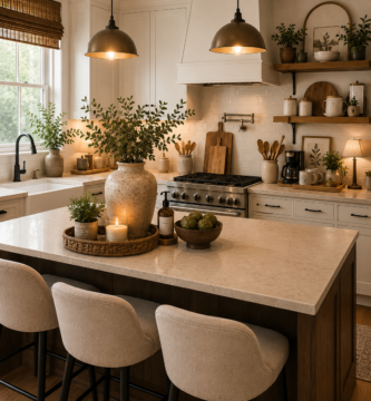 cozy modern farmhouse kitchen with warm lighting and amazon decor finds