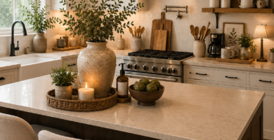 cozy modern farmhouse kitchen with warm lighting and amazon decor finds