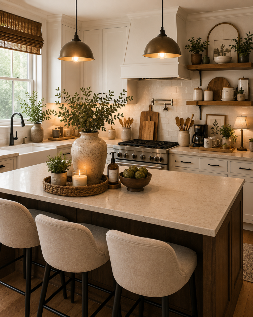 cozy modern farmhouse kitchen with warm lighting and amazon decor finds