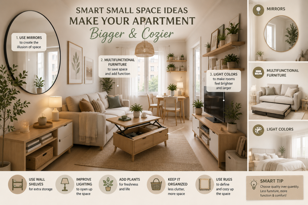 cozy small apartment living room with multifunctional furniture and modern neutral decor