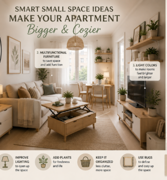 cozy small apartment living room with multifunctional furniture and modern neutral decor