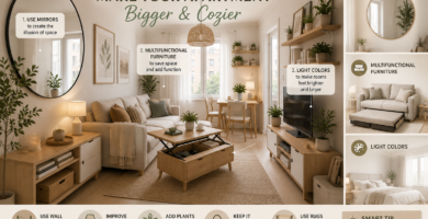 cozy small apartment living room with multifunctional furniture and modern neutral decor