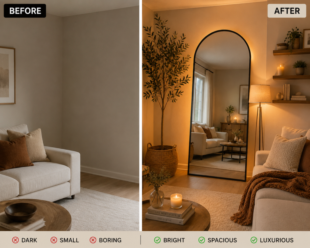 large arched mirror decor in cozy modern living room