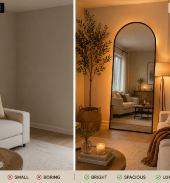 large arched mirror decor in cozy modern living room