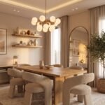 cozy modern dining room decor with boucle chairs and warm lighting