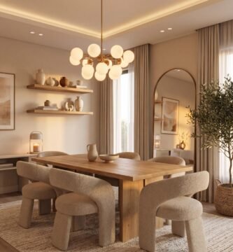 cozy modern dining room decor with boucle chairs and warm lighting