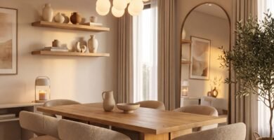 cozy modern dining room decor with boucle chairs and warm lighting
