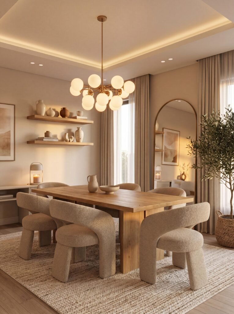 cozy modern dining room decor with boucle chairs and warm lighting
