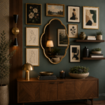 Luxury dark green living room with wall art canvas prints, wooden console table, floating shelves, and elegant modern wall decor.