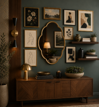 Luxury dark green living room with wall art canvas prints, wooden console table, floating shelves, and elegant modern wall decor.