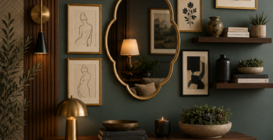 Luxury dark green living room with wall art canvas prints, wooden console table, floating shelves, and elegant modern wall decor.