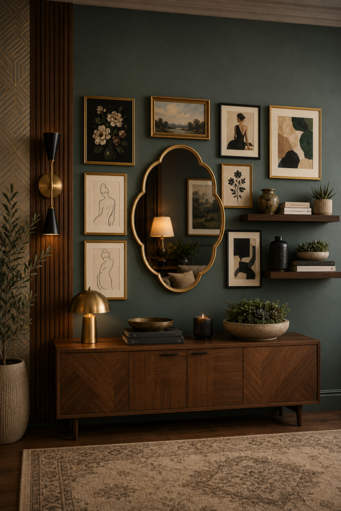 Luxury dark green living room with wall art canvas prints, wooden console table, floating shelves, and elegant modern wall decor.