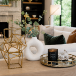 Modern luxury home accents collection styled on an oak console table