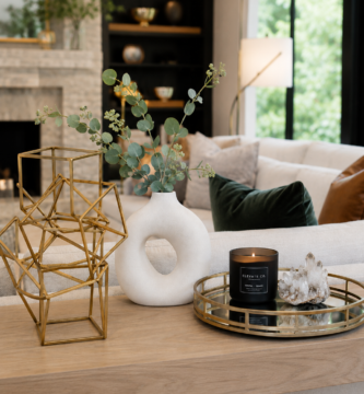 Modern luxury home accents collection styled on an oak console table