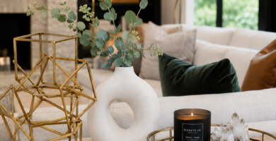 Modern luxury home accents collection styled on an oak console table