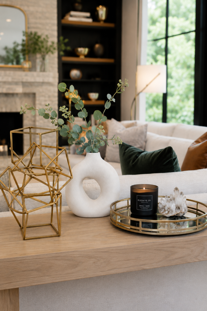 Modern luxury home accents collection styled on an oak console table