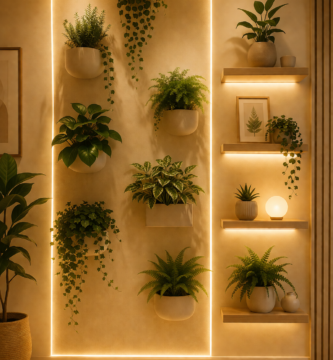 indoor garden wall decor with ambient lighting