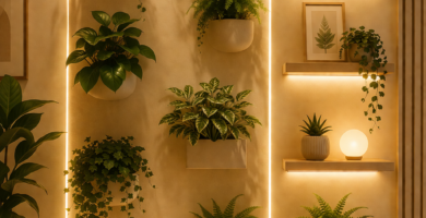 indoor garden wall decor with ambient lighting