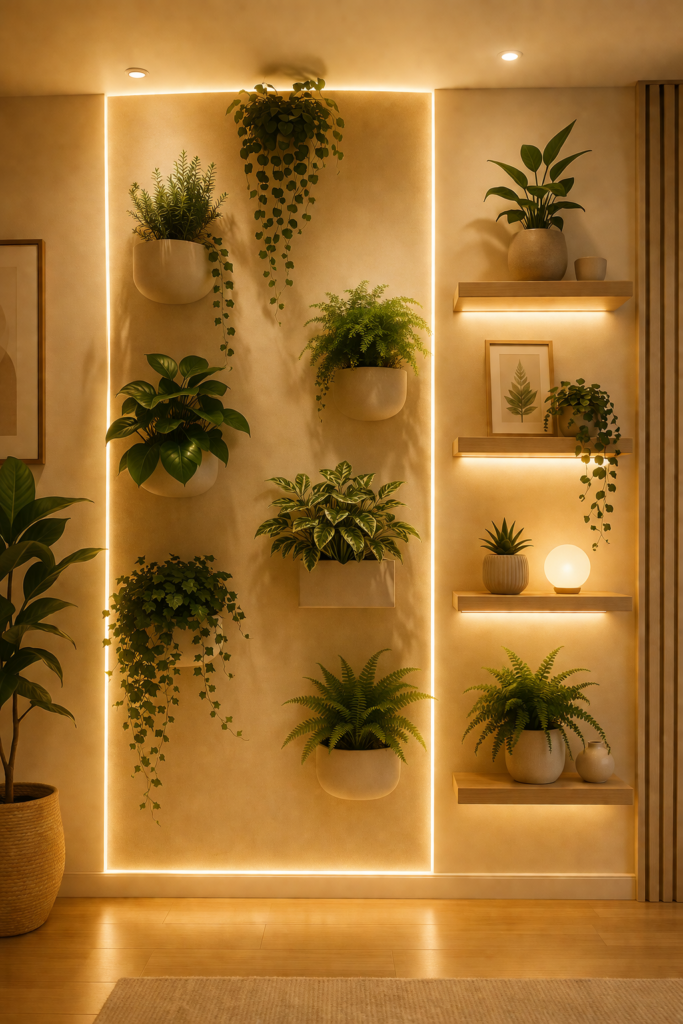 indoor garden wall decor with ambient lighting