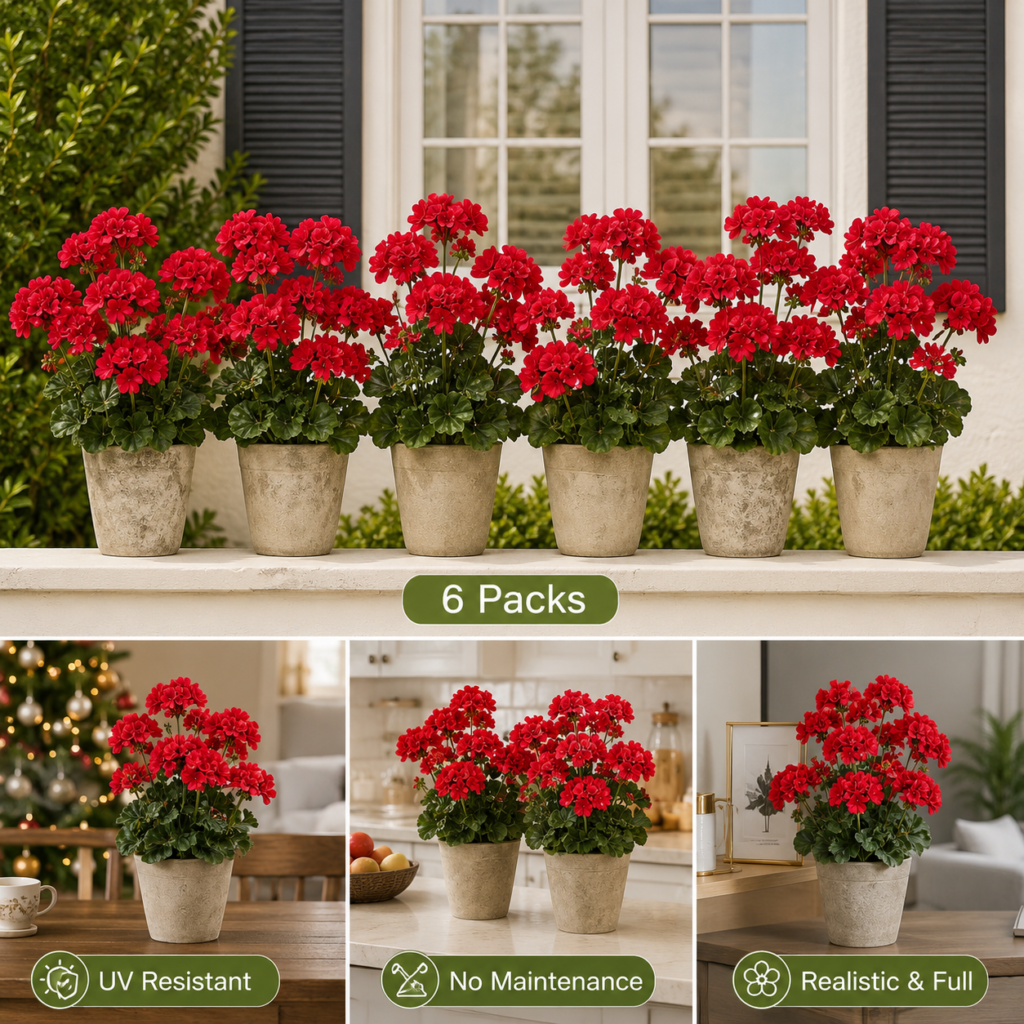 red artificial geranium flowers outdoor and indoor home decor