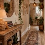 Cozy bohemian hallway with rustic console table woven mirror Persian runner rug and warm lighting