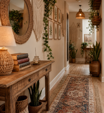 Cozy bohemian hallway with rustic console table woven mirror Persian runner rug and warm lighting