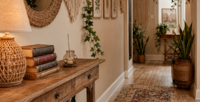 Cozy bohemian hallway with rustic console table woven mirror Persian runner rug and warm lighting