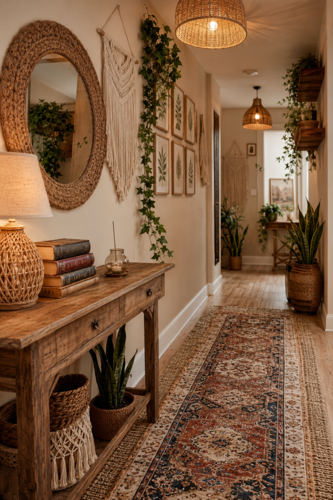 Cozy bohemian hallway with rustic console table woven mirror Persian runner rug and warm lighting