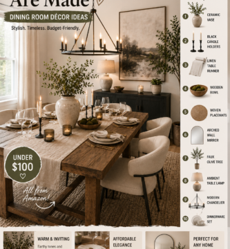 cozy modern farmhouse dining room with rustic wood table and amazon decor finds
