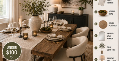 cozy modern farmhouse dining room with rustic wood table and amazon decor finds