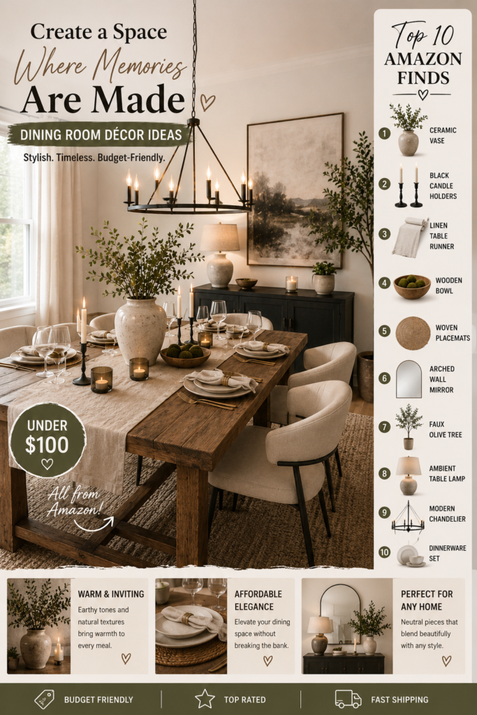 cozy modern farmhouse dining room with rustic wood table and amazon decor finds