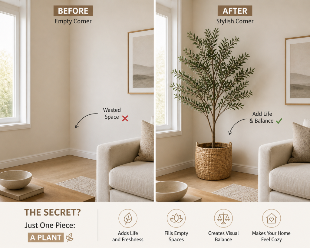 before and after empty corner decor with indoor plant