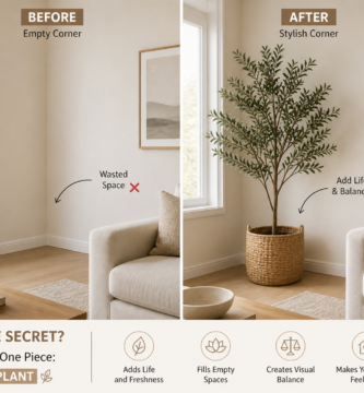 before and after empty corner decor with indoor plant