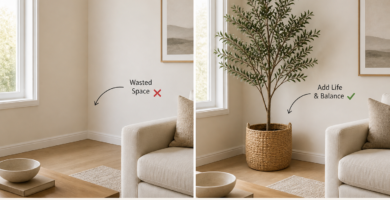 before and after empty corner decor with indoor plant