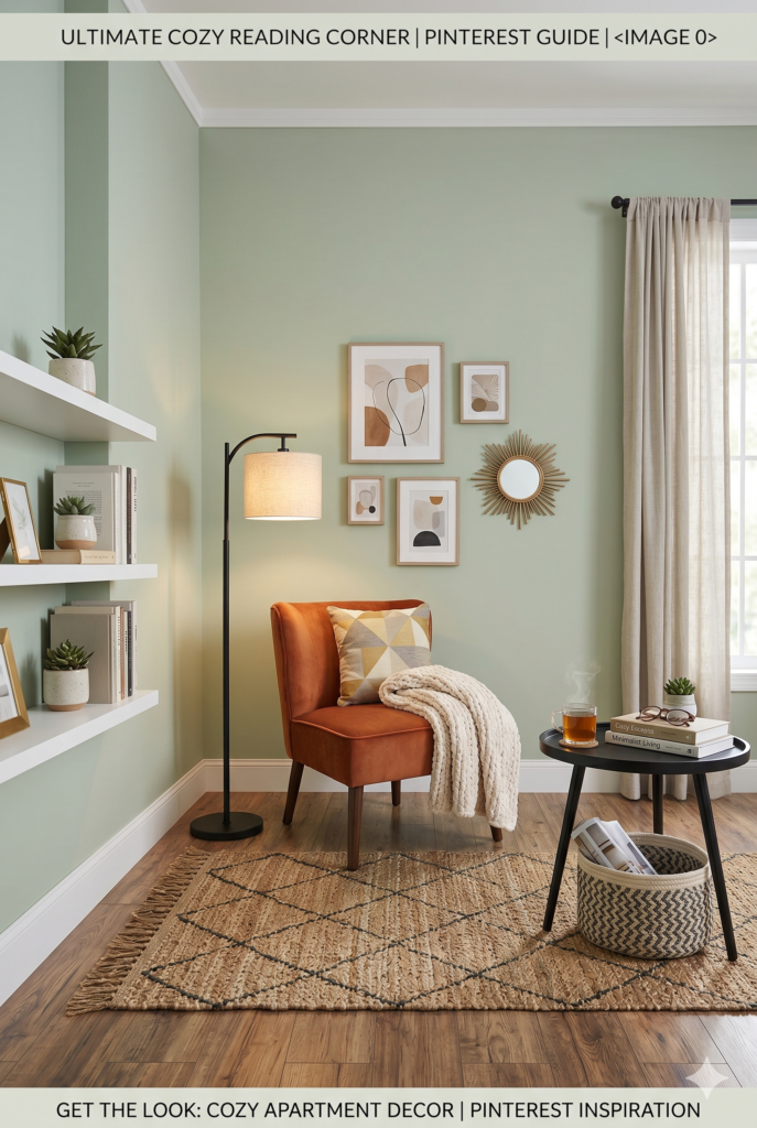 Modern luxury reading nook with orange velvet chair and minimalist decor for small apartments