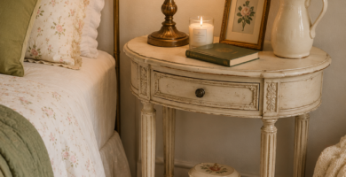 Elegant oval antique side table in a styled traditional living room decor