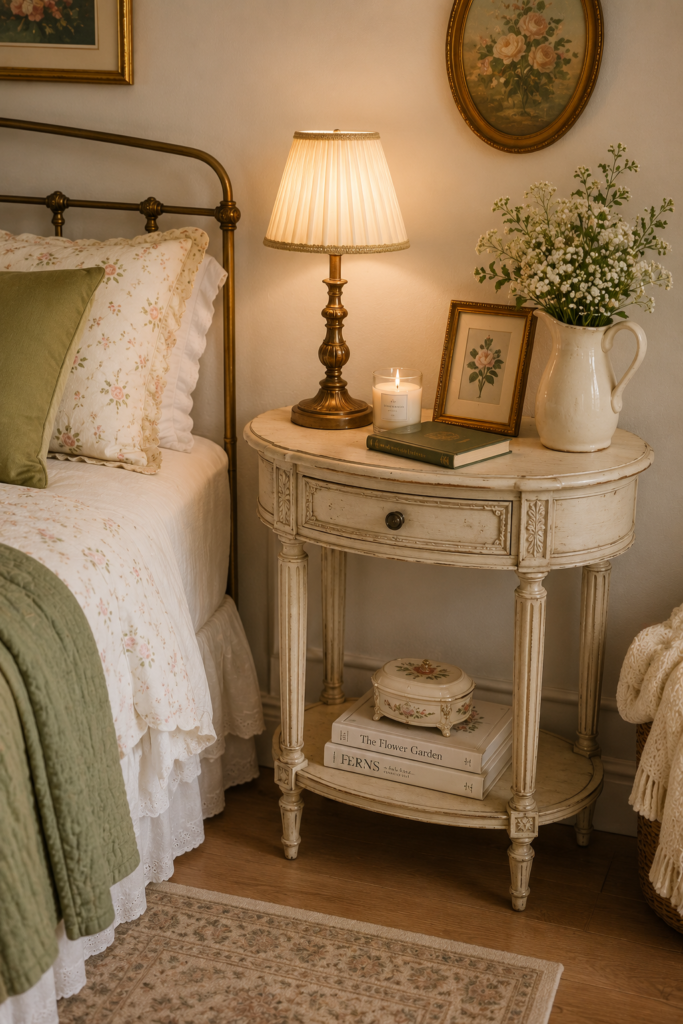 Elegant oval antique side table in a styled traditional living room decor