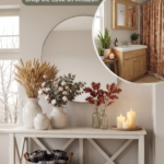 Affordable fall decor ideas featuring a cozy autumn entryway with pumpkins, pampas grass, candles, woven baskets, and a budget-friendly bathroom makeover.