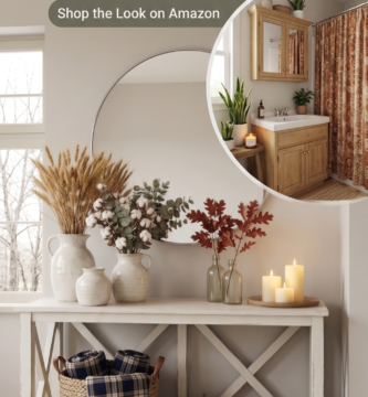 Affordable fall decor ideas featuring a cozy autumn entryway with pumpkins, pampas grass, candles, woven baskets, and a budget-friendly bathroom makeover.