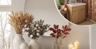 Affordable fall decor ideas featuring a cozy autumn entryway with pumpkins, pampas grass, candles, woven baskets, and a budget-friendly bathroom makeover.