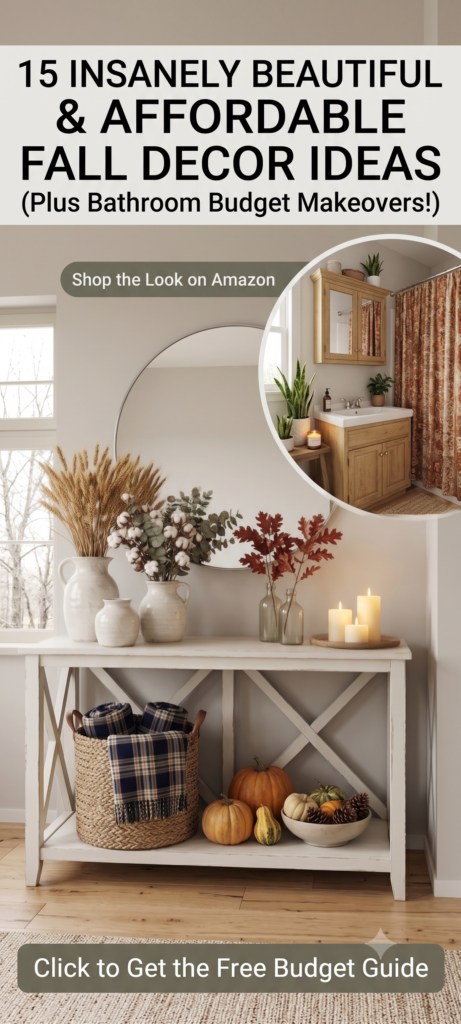 Affordable fall decor ideas featuring a cozy autumn entryway with pumpkins, pampas grass, candles, woven baskets, and a budget-friendly bathroom makeover.