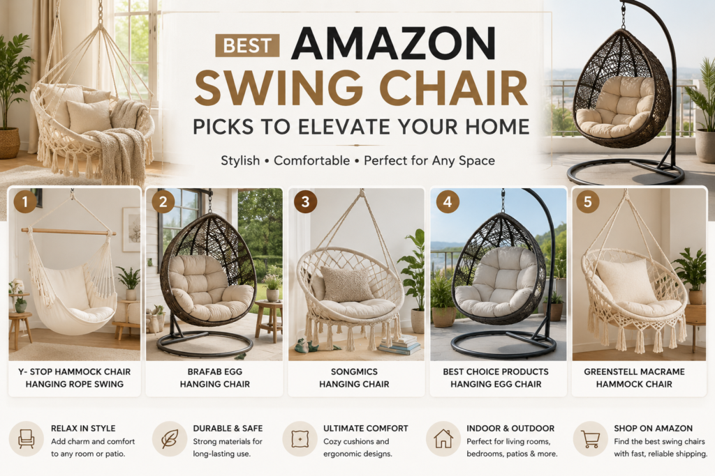 A collection of stylish Amazon swing chairs including hanging egg chairs and hammock chairs for modern indoor and outdoor home decor.