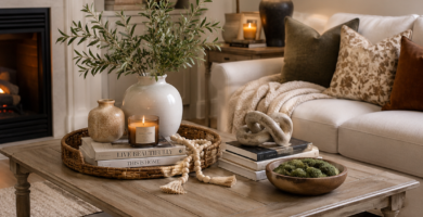 Modern living room featuring stylish coffee table styling ideas with a wooden tray, ceramic vase, coffee table books, scented candle, decorative beads, greenery, and sculptural decor.