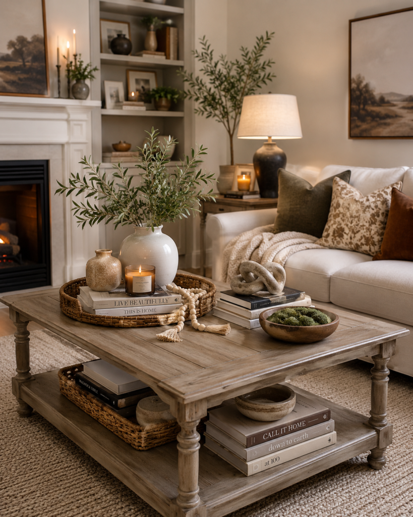 Modern living room featuring stylish coffee table styling ideas with a wooden tray, ceramic vase, coffee table books, scented candle, decorative beads, greenery, and sculptural decor.