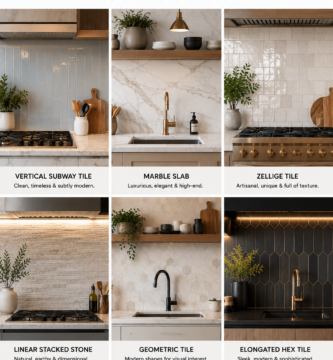 Contemporary kitchen backsplash ideas featuring modern subway tile, marble slab, zellige tile, geometric tile, and luxury backsplash designs.