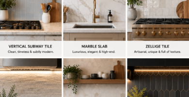 Contemporary kitchen backsplash ideas featuring modern subway tile, marble slab, zellige tile, geometric tile, and luxury backsplash designs.